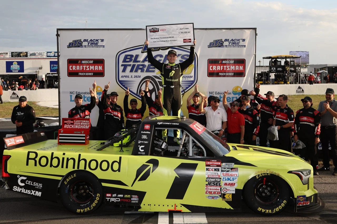 TRICON Garage’s No. 1 team celebrating in victory lane with the Robinhood Toyota at Rockingham